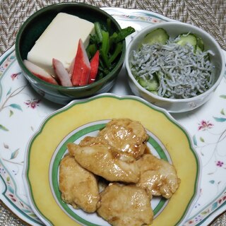 ササミの甘辛焼きと豆腐のめんつゆ煮としらす和え☆